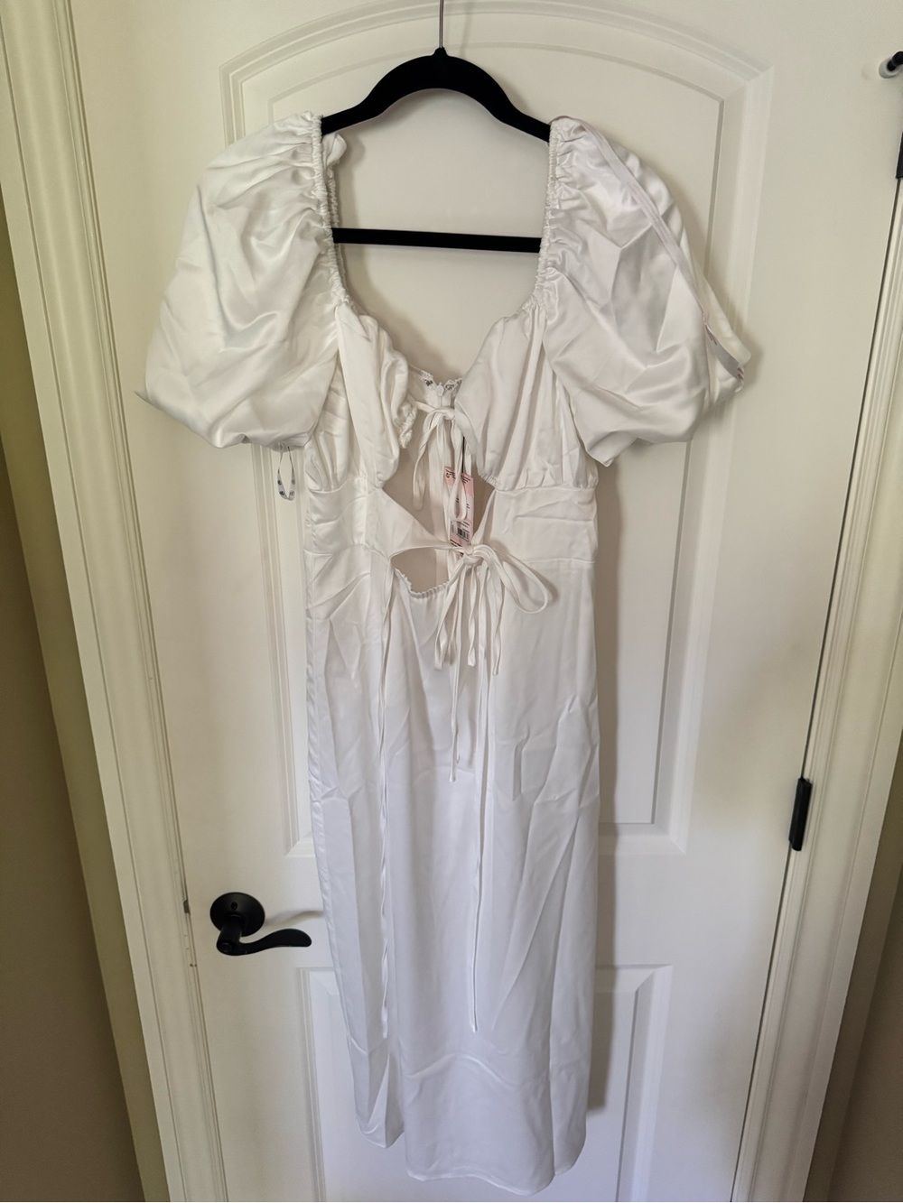 White Puff Sleeve Tie-Front Midi SatinDress
